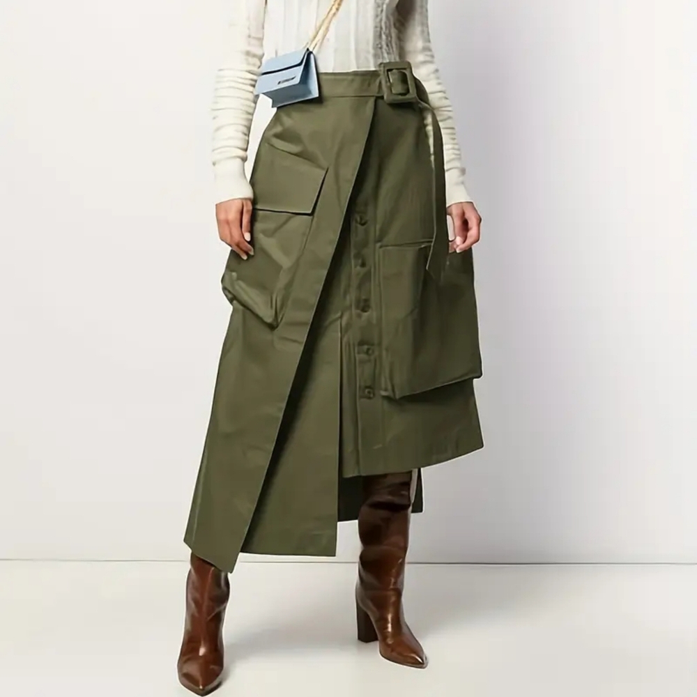 Elegant women's midi skirt with belt and functional pockets - Picture 2 of 4